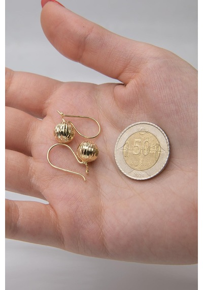 14 Ayar Altın Kalem İşlemeli Mini Top Küpe Sarı Altın