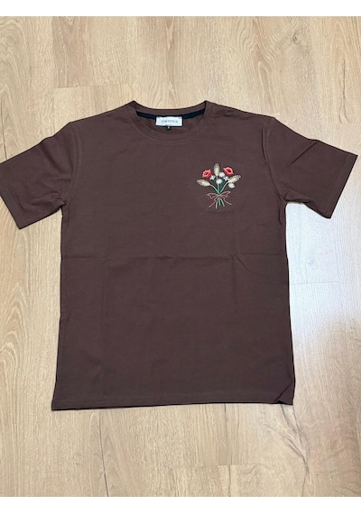 Yubistitch Tshirt Nakış İşlemeli Demet Çiçek- Penye-kahverengi