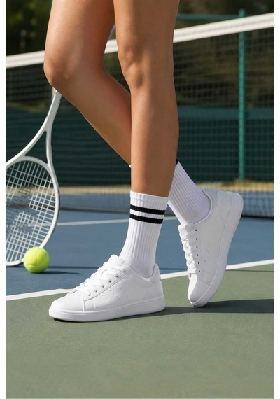 Tenra Ace Kadın Çizgili Tenis Çorabı - Spor Soket Çorap Beyaz