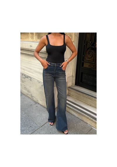 Zdnjeans Kadın Yüksek Bel Wide Leg Palazzo Jeans Pantolon Koyu Mavi