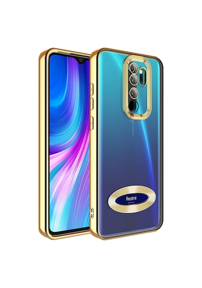 Fibaks Redmi Note 8 Pro Uyumlu Kılıf Kamera Lens Korumalı Şeffaf Renkli Logo Gösteren Parlak Kapak Gold
