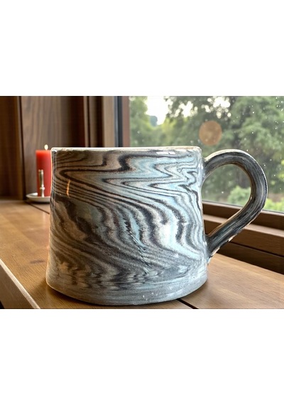 2'li Nerikomi El Yapımı Stoneware Fincan Siyah - Krem - Açık Mavi