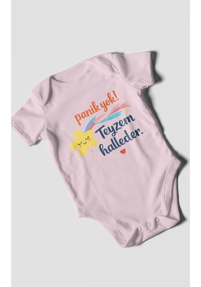 Morivokids Panik Yok Teyzem Halleder Kısa Kollu Bebek Body %100 Pamuk Bebe Pembe
