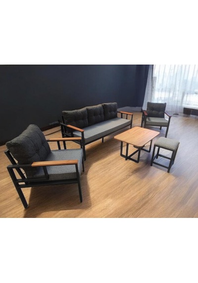 Pielize Bahçe Balkon Mobilyası Gri Antrasit 3+1+1 Sehpa Gri Puf Antrasit - Gri