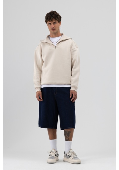 Vamos Basic Fermuarlı Dik Yaka Sweatshirt Taş