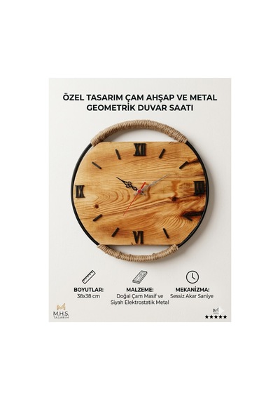 Niş Tasarım Doğal Çam Ağacı Duvar Saati - 38 Cm Halat Detaylı Metal Çerçeveli Masif Ahşap Saat Kahverengi