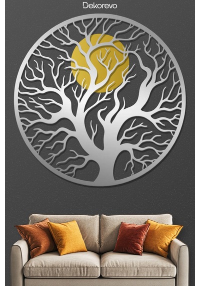 Hayat Ağacı Ve Güneş Metal Duvar Tablosu - Metal Duvar Sanatı - Krom - 50 X 50 Cm