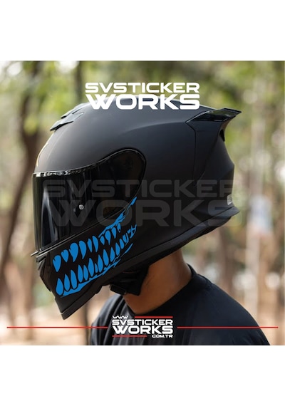 Ağız Diş Köpekbalığı Sticker Kask Vizör Sticker Tüm Kasklar Uyumlu 2 Adet Sağ Sol Mavi