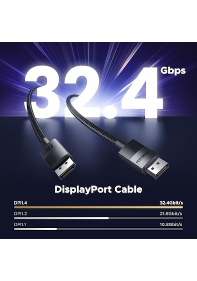 8k 60 Hz Display Port To Display Port 1.4 Örgülü Kablo 3 Metre, Siyah