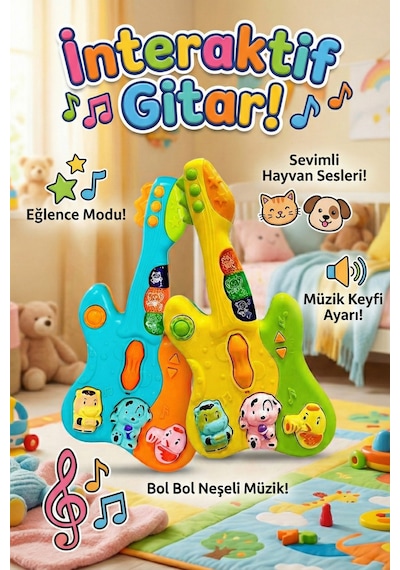 Renkli Mini Bebek Gitar Müzik Aksesuarı - 4 Modlu, Hayvan Ses Efektli Aydınlatmalı Öğretici Çocuk Aktivite Eğlencesi 6 Ay+
