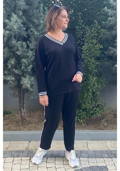 Mia Butik Büyük Beden Siyah V Yaka Eşortman Takım Siyah