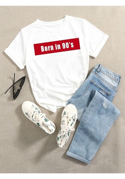 Kadın Beyaz Oversize 90's Baskılı T-shirt Beyaz