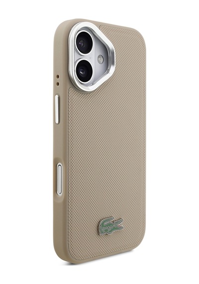 Apple Uyumlu iPhone 17  Kılıf Lacoste Lisanslı M-safeli Pu Pike Desenli Standlı Metal Logolu Kapak Bej Bej