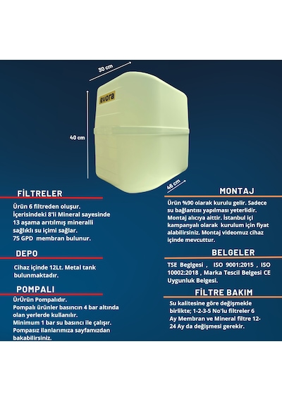 13 Aşamalı 12 Litre Kapalı Kasa Pompalı Su Arıtma Cihazı - Beyaz