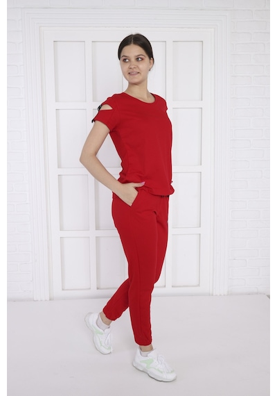 Kadın Spor Kırmızı Alt-Üst T-Shirt Takım-3940 Kırmızı