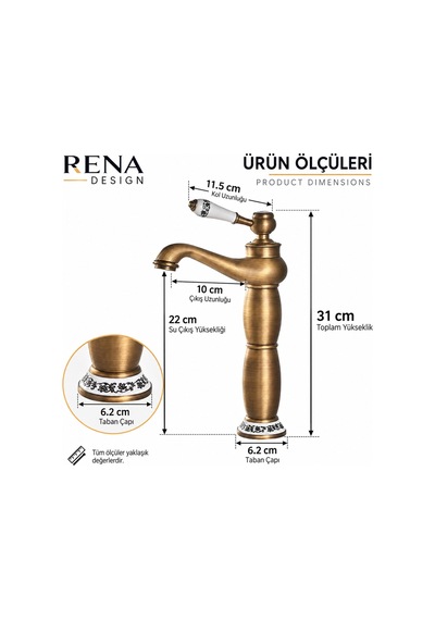 Rena Design Rustik Antik Çanak Lavabo Bataryası Banyo Yüksek Musluk Eskitme Porselen Işleme Armatür Otantik Bakır Retro Antik Eskitme