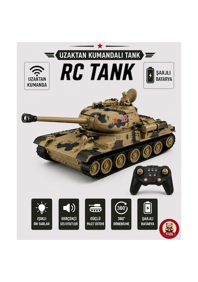 Oyuncak Uzaktan Kumandalı Tank Is-2 Model Sovyet Tankı Sesli Led Işıklı Müzikli Ses Ve Atış Efektli Şarjlı Göndesi 360 Dönen Rc Tank 1:20 Ölçek 38 Cm Sarı