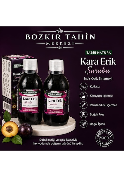 Bozkır Tahin Merkezi Kara Erik Şurubu Incir Özü Ve Sinameki Içerikli Şurub 320 Gr 2 Adet Katkısız&vegan