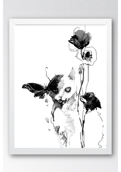 Modern Sanatsal Kedi Ve Kelebek Çerçeveli Tablo - Minimalist Monochrome Duvar Dekoru Beyaz