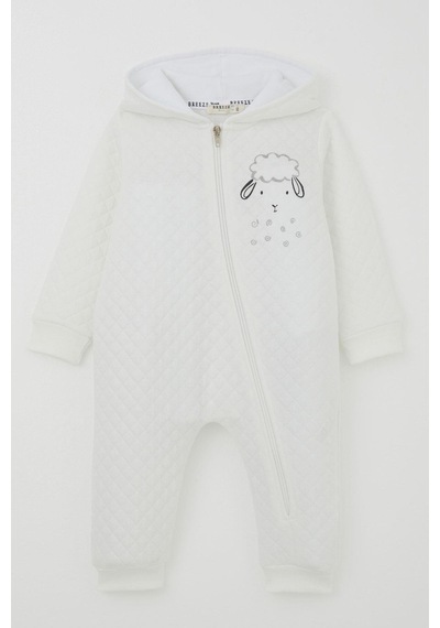 Breeze Erkek Bebek Tulum Kapitone Desenli Sevimli Kuzucuk Baskılı Kapüşonlu 4 Ay-1.5 Yaş, Ekru Ekru