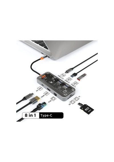 100w Turbo 8in1 Type-c Hdmı Ethernet Usb Sd Kart Okuyucu Usb Çevirici Adaptör iPad Apple Uyumlu MacBook Tablet