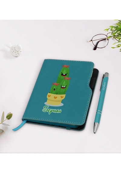 Kişiye Özel Kaktüs Tasarımlı Turkuaz Termo Deri Defter Kalem Seti N11.2141