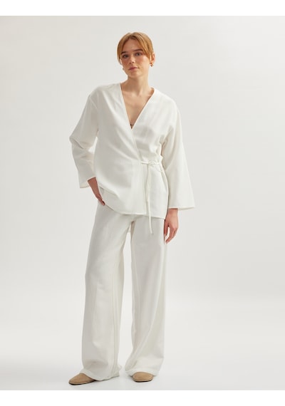 Koton Keten Karışımlı Uzun Geniş Kollu Kruvaze Kimono Kırık Beyaz 5sak60007pw Ekru
