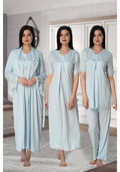 Effort Pijama 5036m Mavi Dantel Yaka Lohusa Hamile 4'lü Set Mavi