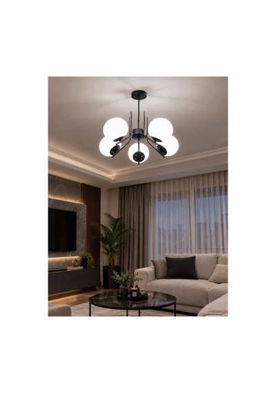 Aura Modern Tasarımlı 5'li Siyah Renkli Beyaz Camlı Salon, Mutfak, Oturma Odası Avizesi