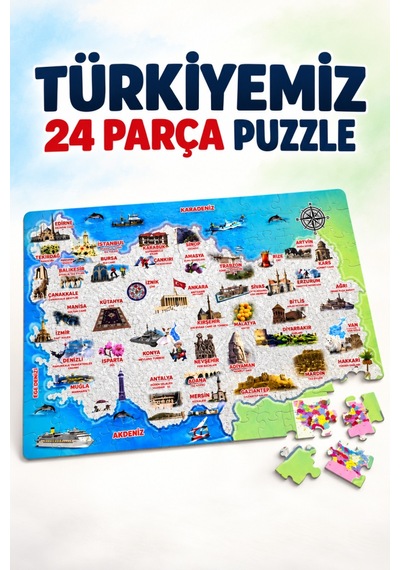 Türkiyemiz 24 Parça Eğitici Puzzle 68 48 Cm Türkiye Haritası Ve Şehirlerin Simgeleri Puzzle
