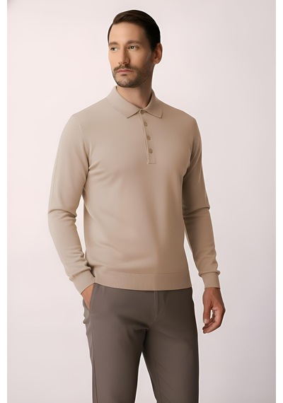 İgs Bej Standart Fit Dar Kalıp Polo Yaka Düz Uzun Kollu Triko-21906 Bej