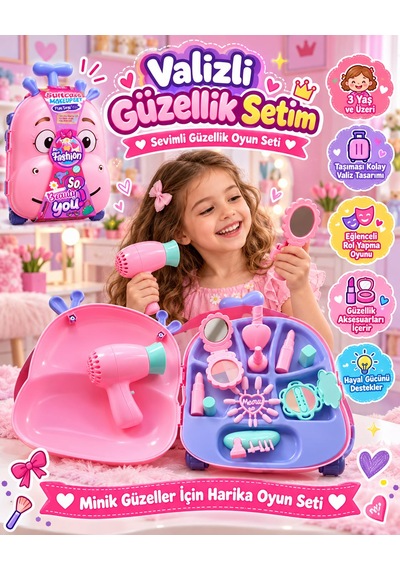 Oyuncak Çekçek Valizli Aksesuarlı Makyaj Doktor Tamir Set Taşınabilir Tekerlekli Renkli Çantalı Bavul Güzellik Eğitici Meslek Seti 50x25 Cm Çok Renklli