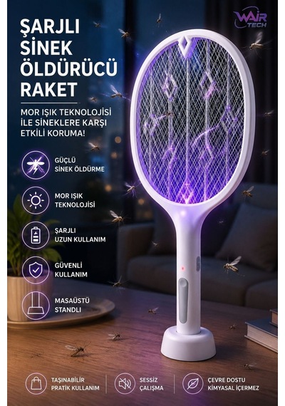 Beyaz Şarjlı Elektrikli Sinek Öldürücü Raket Mor Işıklı Masaüstü Standlı Usb Şarjlı 2 Modlu Sinek Kovucu