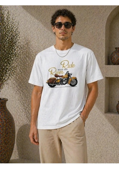 Defymoda Erkek Motosiklet Baskılı Tişört Bisiklet Yaka Kısa Kol Yazlık T-shirt - Beyaz