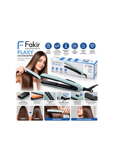 25mm Seramik Plaka Hızlı Isınma - 360 Dönebilen Kablo Max 210 Sıcaklık Saç Düzleştirici Flaxy