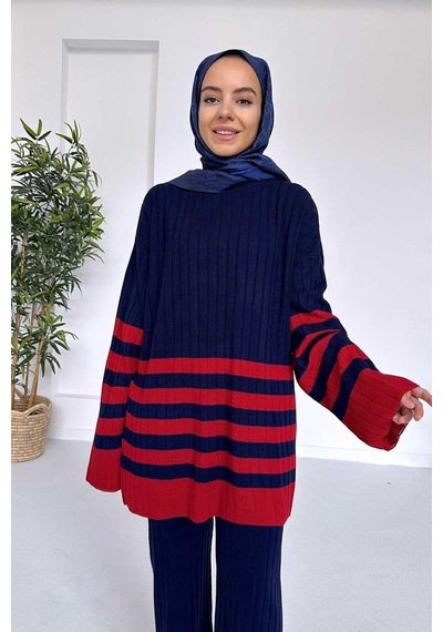 Ka Hijab Çift Renk Çizgili Triko Takım - Lacivert