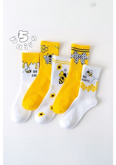 Hitit Socks Kadın 5 Çift Premium Kalite Arı Ve Çiçek Desenli Uzun Soket Çorap Sarı