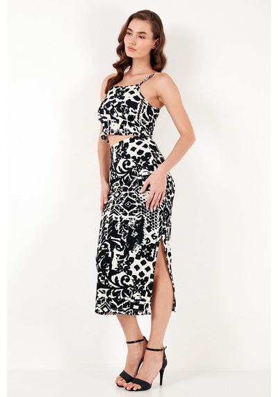 Lela Slim Fit Ip Askılı Yırtmaçlı Midi Alt-Üst Bayan Takım 5865726 Siyah