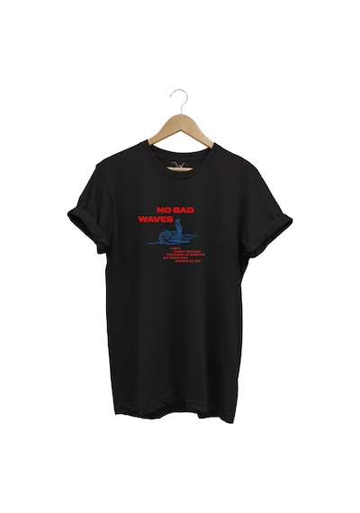 Vintage Waves Dalga Ve Yazı Baskılı Sörf Regular Fit %100 Pamuk Siyah T-shirt Siyah