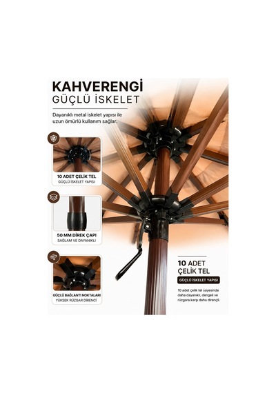 Alubrella Yuvarlak Sütlü Kahve 250 Cm Çap, 8 Telli Güneş Şemsiyesi Kahverengi İskelet Antrasit