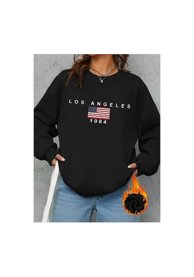 Herkesemoda Los Angeles Baskılı 2 İplik Şardonlu Bisiklet Yaka Sweatshirt Siyah