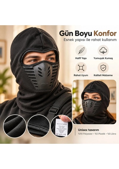 Biçomi Airflow Pro Nefes Alan Termal Balaklava Buğu Önleyici Tam Baş & Boyun Koruyucu Kar/motorcu Siyah
