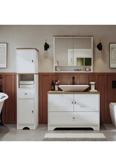 Lavabolu Mdf 100Cm Çekmeceli Banyo Dlp + Aynalı Üst Dlp + Boy Dlp Beyaz - Atlantik Çam