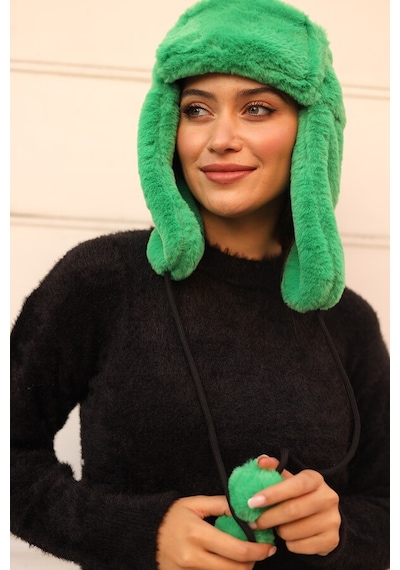 Kadın Kürklü Kulaklıklı Peluş Şapka Rkş-04 Yeşil Yeşil
