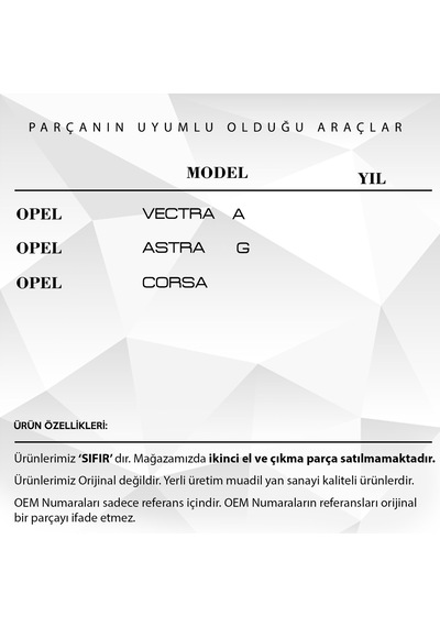 Opel Astra G, Corsa , Vectra A İçin İç Tavan Aydınlatma Lambası