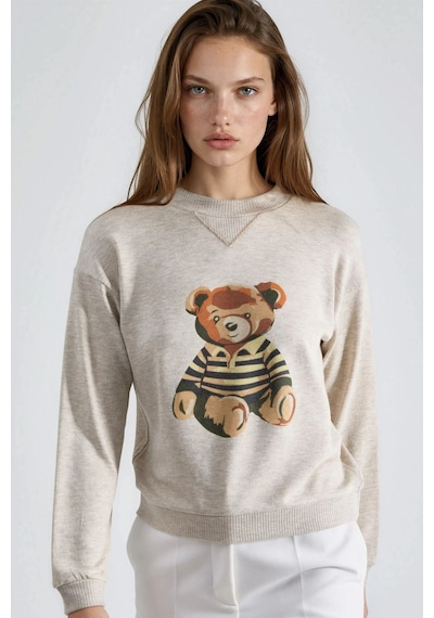 Hiccup Busem Baskılı Bisiklet Yaka Sweatshirt Krem Doğal