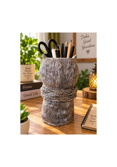 Dekoratif Baykuş Kalemlik Ve Saksı Şık Masaüstü Organizer 20x10 Cm Gümüş