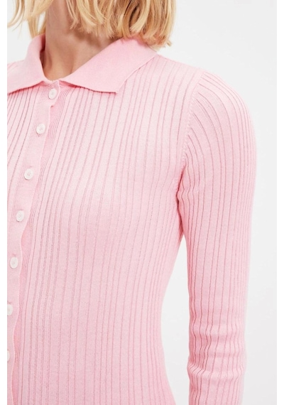 Ersefa Kadın Modern Tarz Slim Polo Yaka Regular Triko Hırka Pembe