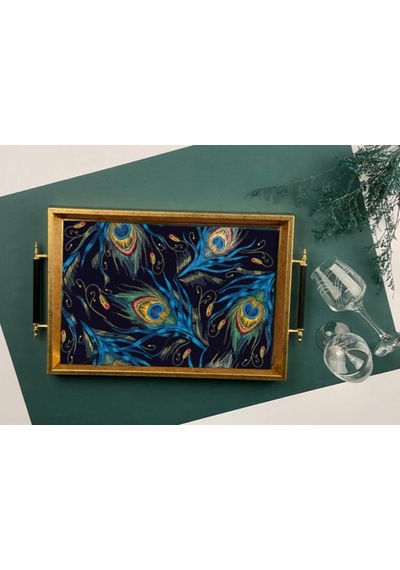 Sembol 50x31cm Kulplu Gold Tavuskuşu Tüyü Desenli Ahşap/Cam Tepsi