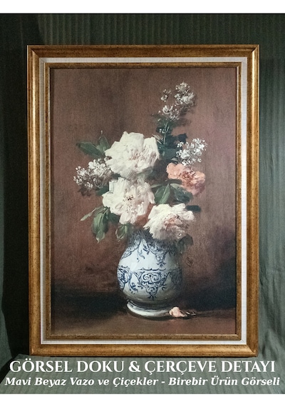 Vintage Gold Çerçeveli Tablo - Mavi Beyaz Vazoda Güller - 60x80 Cm